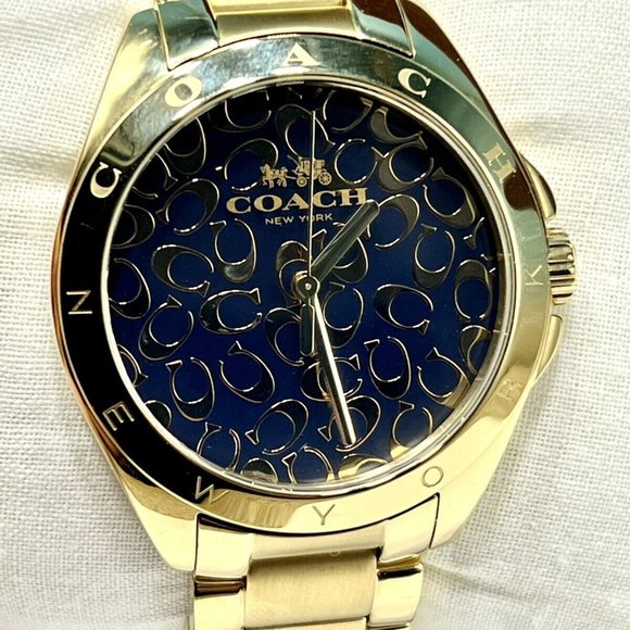 COACH Tristen 14502348 Gold-Tone Wristwatch C Signature Dark Blue Dial S.Steel - Picture 7 of 7